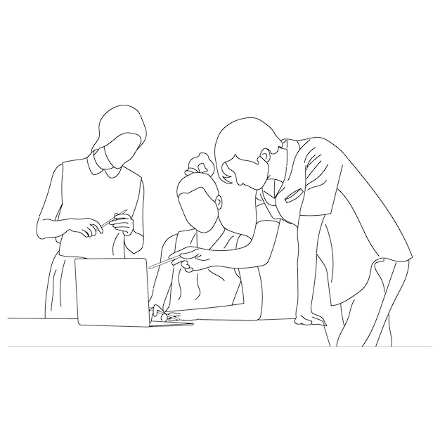 vector business meeting discussion between workers in cafe round table cartoon line art