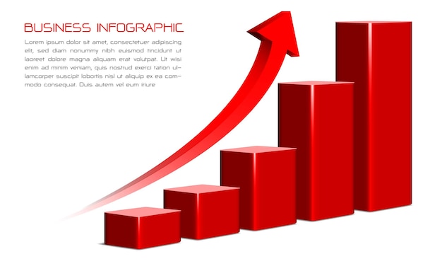 Vector of business red 3d infographic bar chart arrow curve direction data report white background