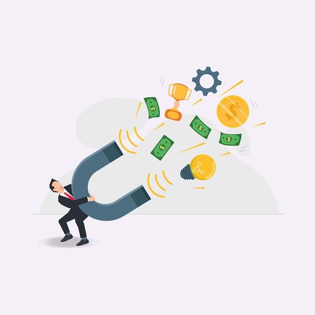 Vector businessman holding a magnet attracts the assets design vector illustration