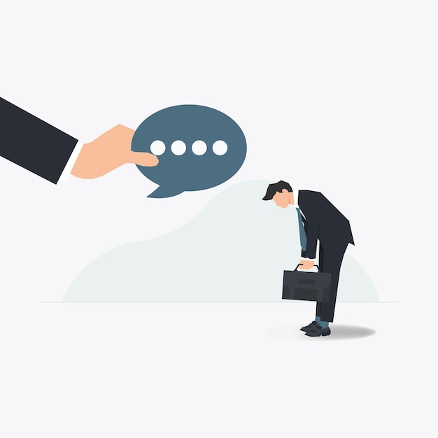 Vector businessman look down with hand holding speech bubble Boss gives instructions concept illustration