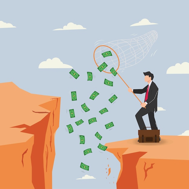 Vector businessman picking up the money from the cliff vector illustration