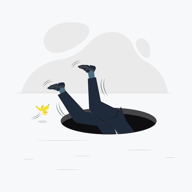 Vector businessman sliding with banana peel and fell into a hole Failure or mistake concept illustration