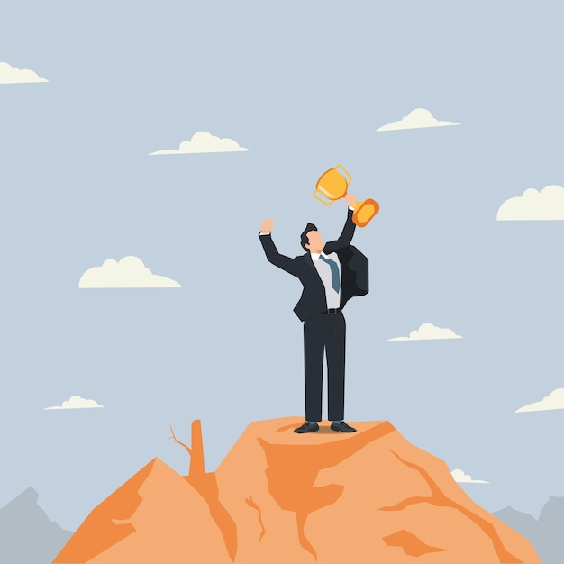 Vector vector businessman standing on hilltop and holding trophy success businessman raised design vector illustration