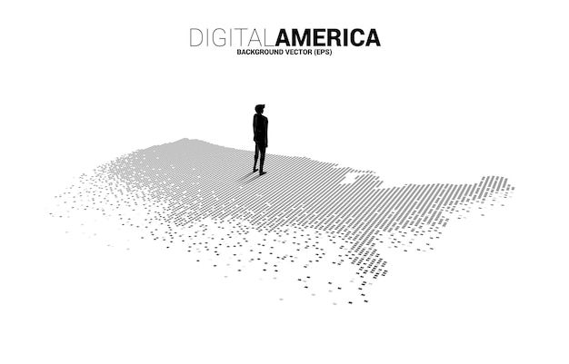 Vector businessman standing on united states map from pixel square. concept for america digital network connection.