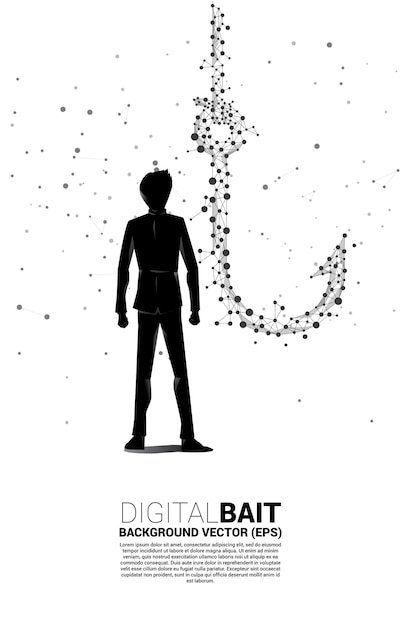 도트 연결 라인 다각형 비즈니스에서 디지털 사기 및 사기의 개념에서 낚시 후크와 함께 서 있는 벡터 사업가