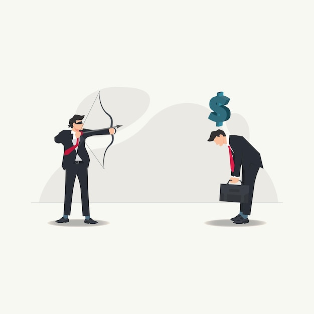 Vector businessman with blindfold aiming to shoot at money symbol on another businessman Business competition and risk concept illustration