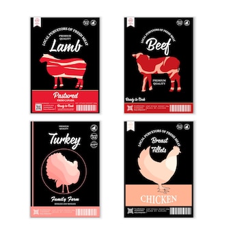 Etichette di macelleria di vettore con sagome di animali da fattoria. icone di mucca, pollo, maiale, agnello, tacchino e anatra e trame di carne per generi alimentari, negozi di carne, imballaggi e pubblicità
