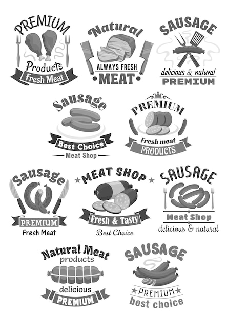 Vector vector butchery meat and sausages shop icons set