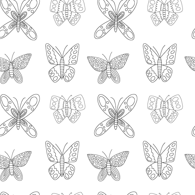 Vector butterflies seamess pattern Hand drawn butterfly black and white pattern