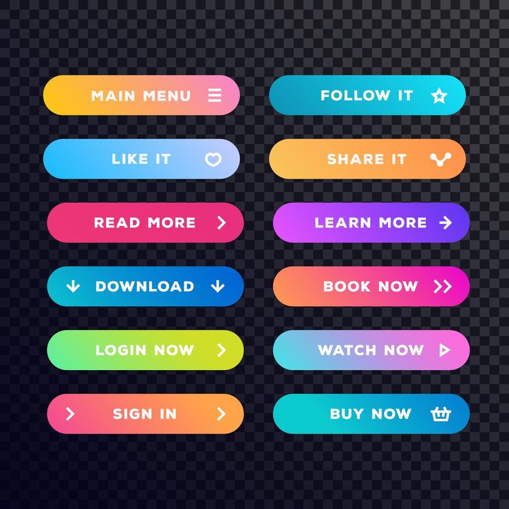 Vector 터 버튼 세트: 웹 사이트 ui 모바일 앱을 위한 투명한 배경에 고립된 현대적인 트렌디 그라디언트 스타일의 액션 아이콘 버튼 터