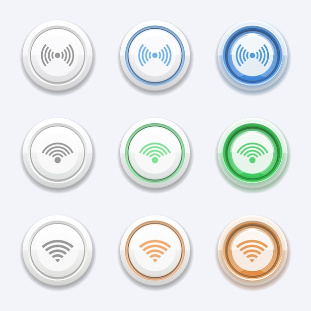 Vector button with wifi or wireless icon. Zone station, access broadcast, free router and hotspot