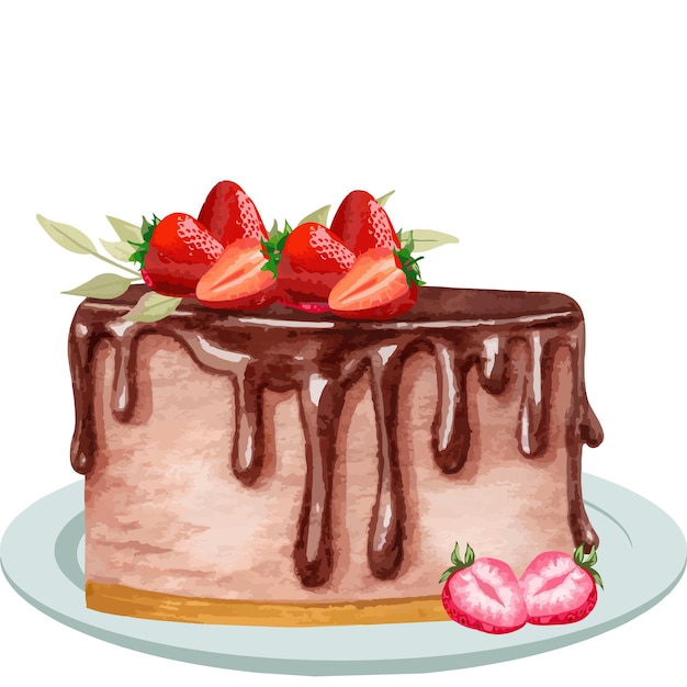 Vector cake on a plate with strawberries