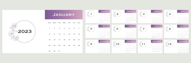 Vector calendar for 2023 The week starts on Sunday Set of page templates with months decorated