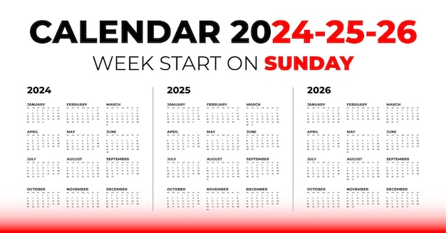 白い背景に 2024 年 2025 年 2026 年のベクトル カレンダー週の始まりは日曜日