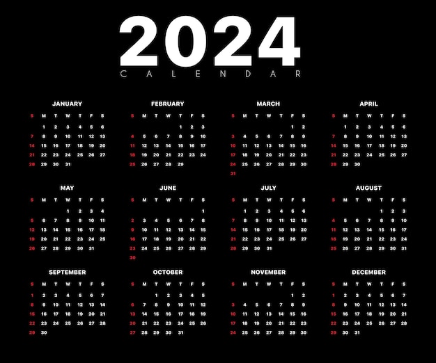 vector calendar 2024 with black background template design vector