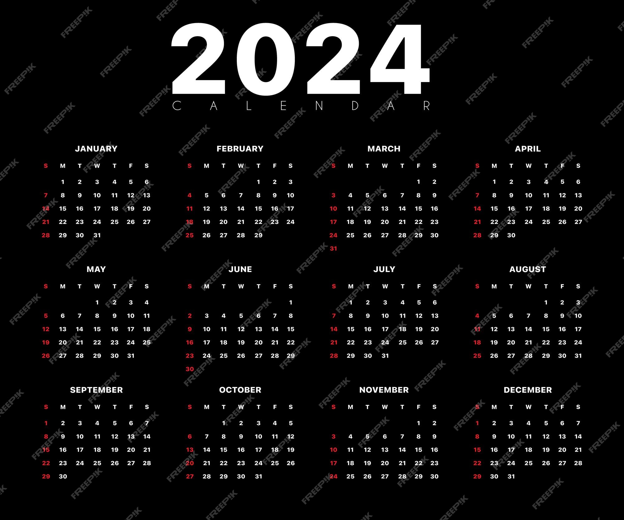 黒の背景テンプレート デザイン ベクトルとベクトル カレンダー 2024 プレミアムベクター