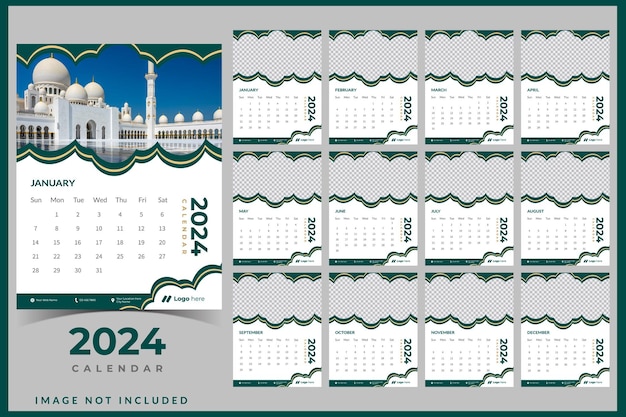 Векторный календарь 2024 года с ярким фоном на стене современный календарь