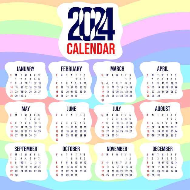 Vettore calendario vettoriale 2024 con sfondo astratto dell'arcobaleno