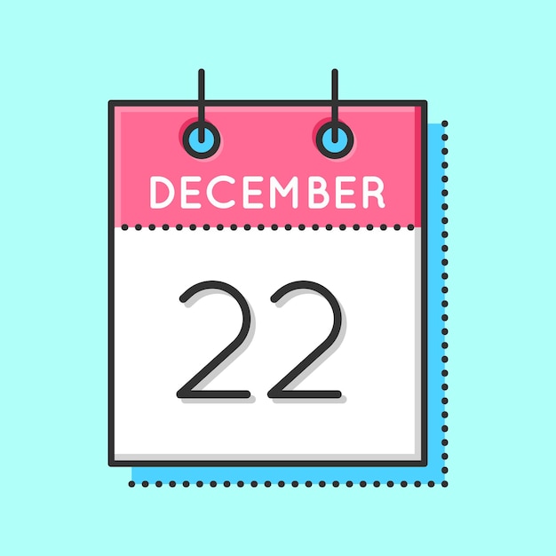 Icona del calendario vettoriale illustrazione vettoriale a linee piatte e sottili foglio di calendario su sfondo blu chiaro 22 dicembre