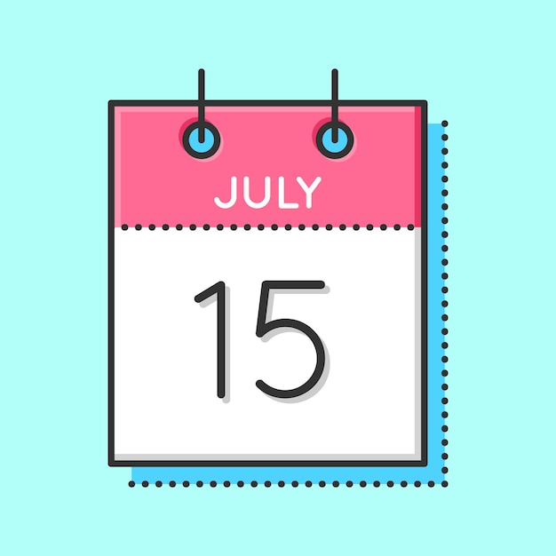Значок векторного календаря Плоская и тонкая линия векторной иллюстрации Лист календаря на голубом фоне 15 июля