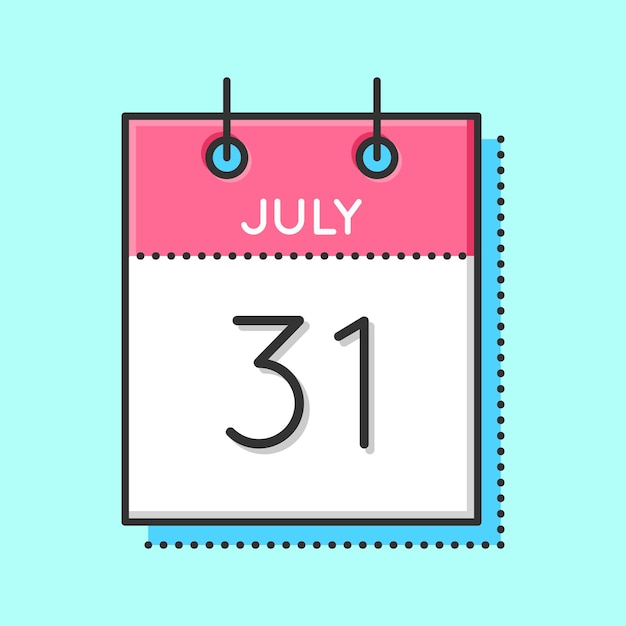 Значок векторного календаря Плоская и тонкая линия векторной иллюстрации Лист календаря на голубом фоне 31 июля