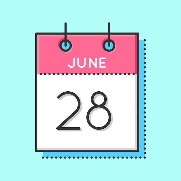 ベクトル カレンダー アイコン 平らで細い線のベクトル図 水色の背景にカレンダー シート 6 月 28 日