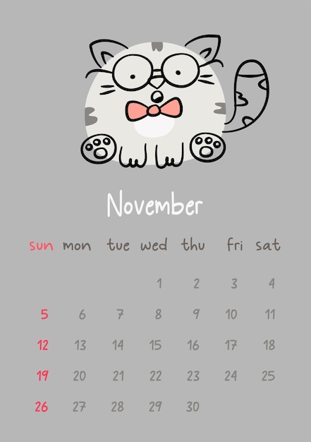 Vettore calendario vettoriale per novembre 2023 con gatto grigio cartone animato. divertente animale domestico disegnato a mano con gli occhiali