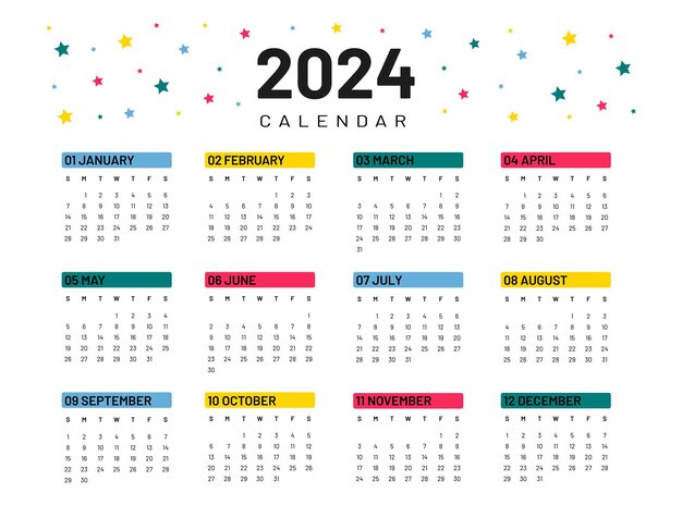 Modello di calendario vettoriale per il 2024 dal design minimale e luminoso con pianificatore di inserti colorati per il 2024