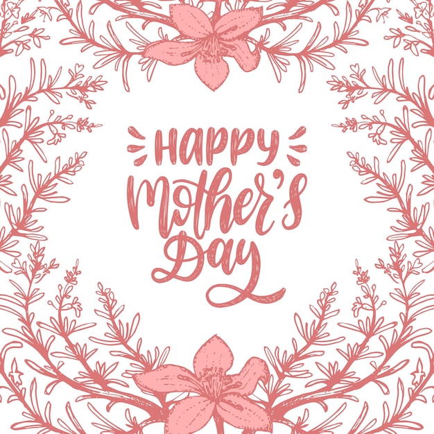 Vector calligraphic inscription Happy Mothers Day Hand lettering illustration in floral frame for greeting card festive poster etc