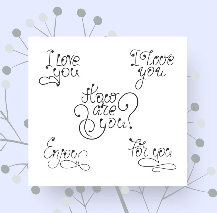 Vector calligraphic lettering template with presentation on purple background with twigs