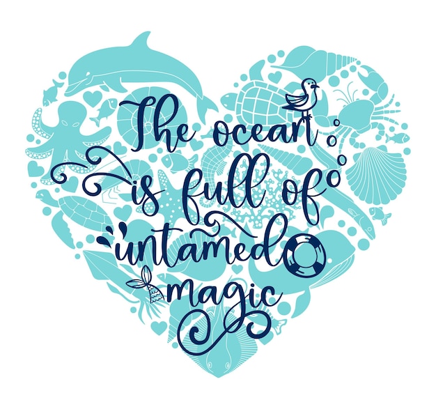Vector vector calligraphic template of hand drawn inscriptions the ocean is full of untamed magic poster or greeting card