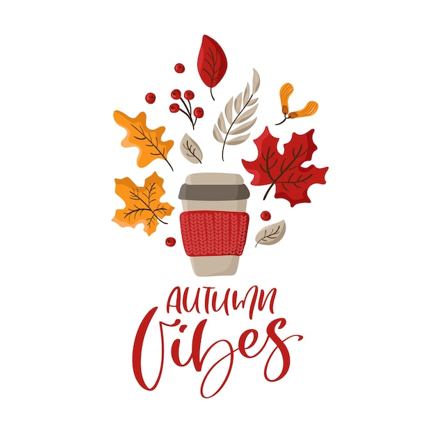 Vector calligraphy lettering text Autumn Vibes with illustration knitted mug and fall orange leaves.