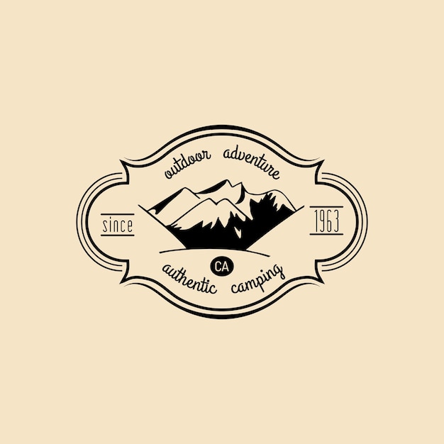 Vector camp logo tourism sign with hand drawn mountain landscape retro hipster emblem badge label of outdoor adventures