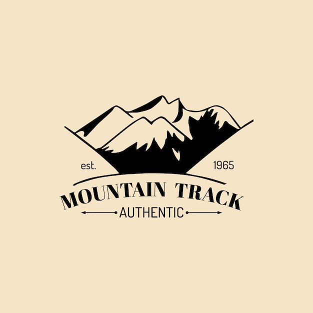 Vector camp logo Tourism sign with hand drawn mountain landscape Retro hipster emblem badge label of outdoor adventures