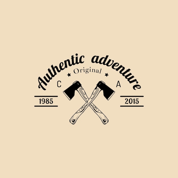 Vector camp logo Tourist sign with hand drawn axes Retro hipster emblem badge label of outdoor adventures