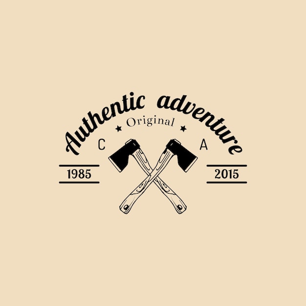 Vector camp logo tourist sign with hand drawn axes retro hipster emblem badge label of outdoor adventures