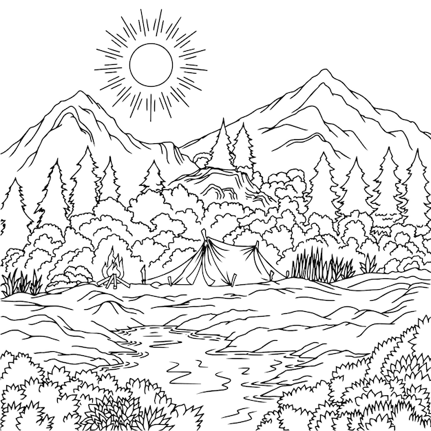 Vector vector camping mountain landscape outline design