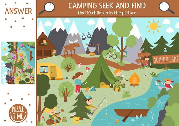 Vector camping searching game with cute children in the forest Spot hidden kids in the picture Simple seek and find summer camp or woodland educational printable activity Outdoor family quizxA