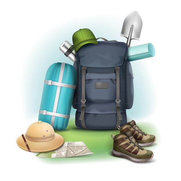 Вектор кемпинг вещи большой синий рюкзак, шляпа сафари, зеленая кепка, кроссовки, карта, спальный мешок, термос и лопата на фоне