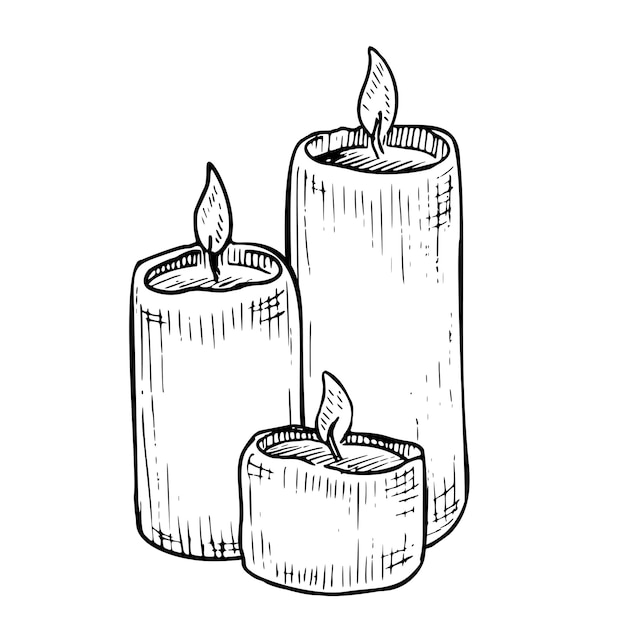 Vector Candles on isolated background Hand drawn vector of wax Candlelight for Xmas greeting cards or party invitation Linear home decor Cozy object for aromatherapy in black and white colors