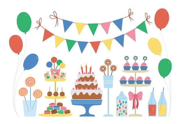 Vector vector candy bar. cute bright birthday meal with cake, candles, cupcakes, cake pops, jelly beans, flags. 
funny dessert illustration for card, poster, print design. bright holiday concept for kids.