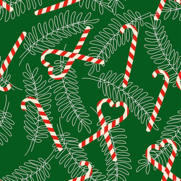 Vector Candy canes seamless pattern with Outline fir branches Flat style illustration for Christmas