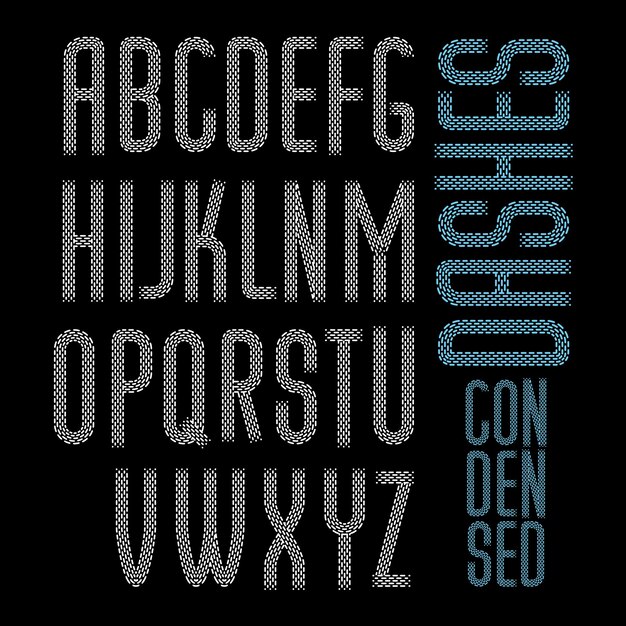 Vector capital condensed modern alphabet letters set. Rounded type font, script from a to z can be used in retro poster design. Made with parallel dashed lines.