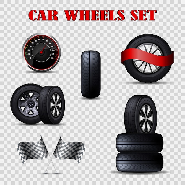 Vector vector car wheels set flat tires and speedometer.