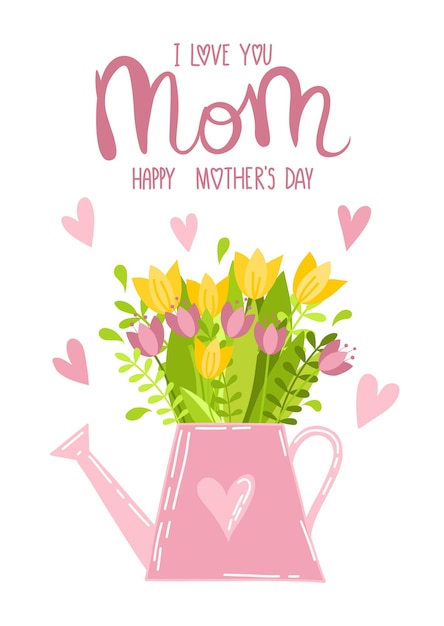 Vector card in delicate pink and yellow colors the inscription I love you Mom Happy Mother's Day