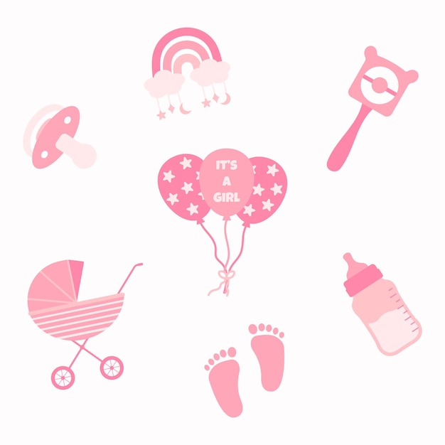 Vector card for a newborn baby girl with baby items