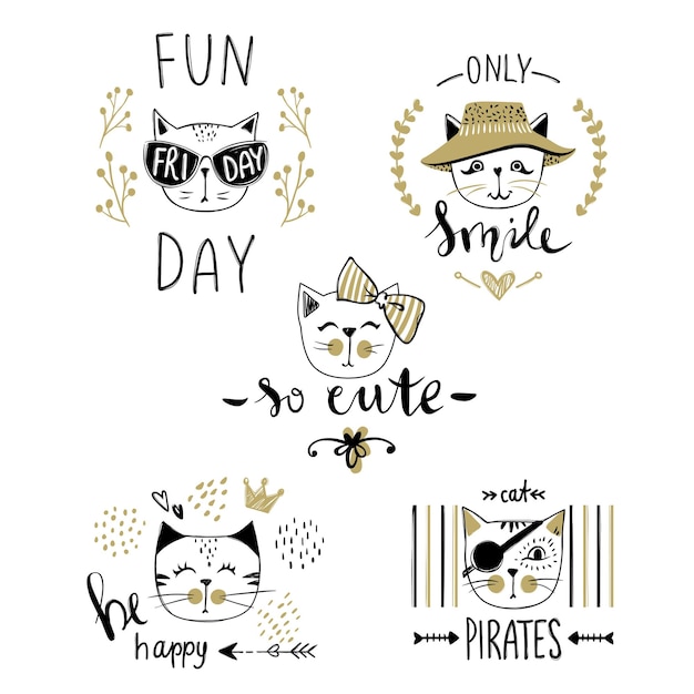 벡터 귀여운 패션 고양이가 있는 벡터 카드 시리즈입니다. 세련된 고양이 세트. 스케치 스타일 티셔츠 인쇄, 카드, 포스터의 최신 유행 삽화. 낙서 키티. 어린이 동물. 재미있는 캐릭터.