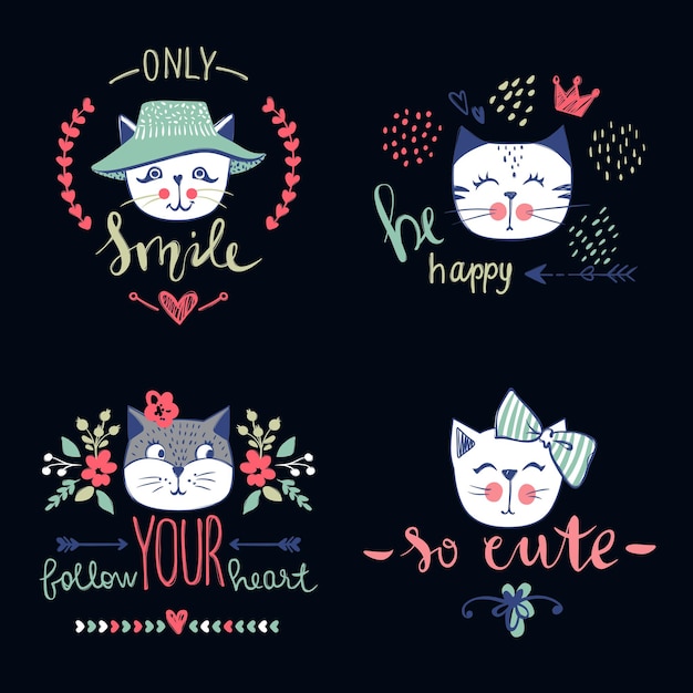 Серия векторных карт с милыми модными кошками. стильный котенок. модные иллюстрации в стиле эскиза футболки, открытки, плакат. дудл китти. детские животные. забавный персонаж.