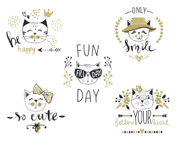 Vector card series with cute fashion cats. Stylish kitten set. Trendy illustration in sketch style t-shirt print, cards, poster. Doodle Kitty. Kids animals. Funny character.