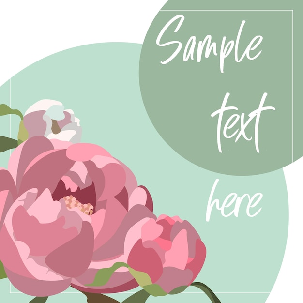 Vector card template with peonies and green gray circles, copy space included